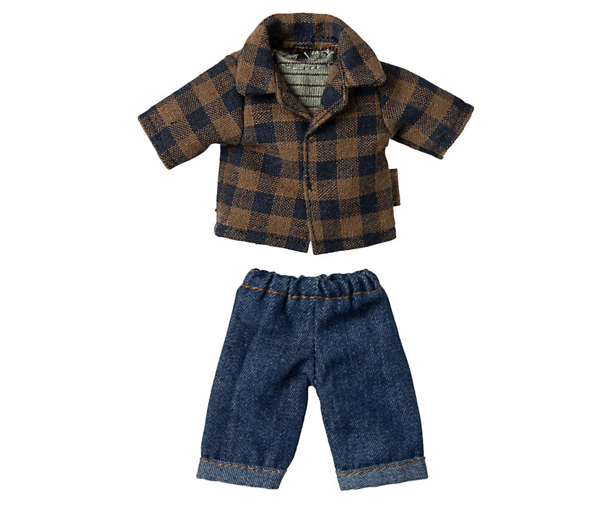 Maileg Brown Checked Shirt & Pants Outfit, Dad Mouse