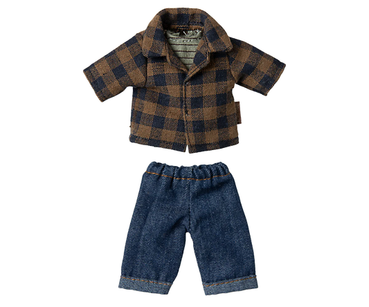 Maileg Brown Checked Shirt & Pants Outfit, Dad Mouse