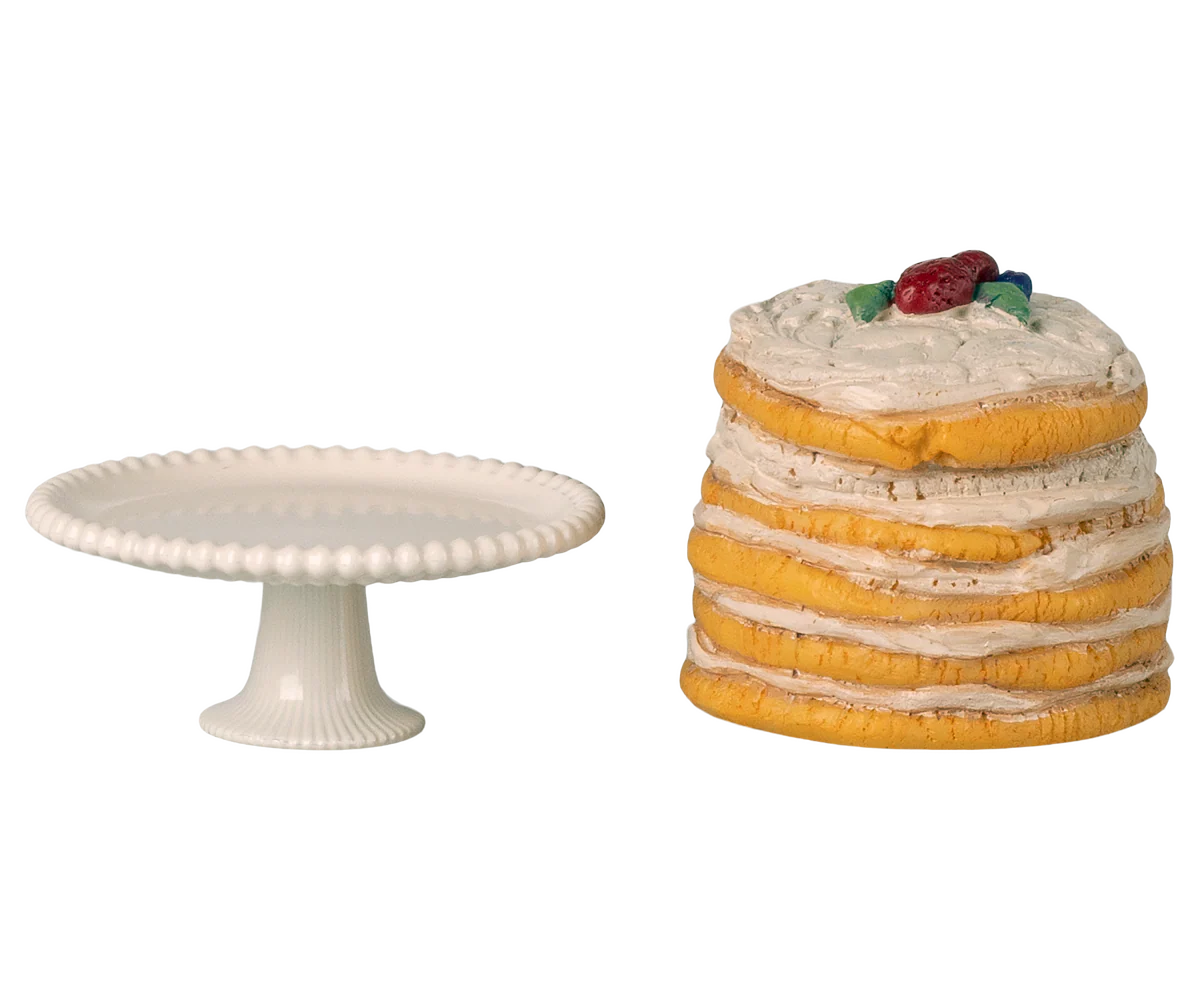Maileg Party Cake and Cake Stand, Mouse, Off White