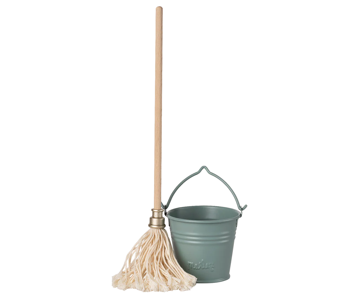 Maileg Bucket & Mop, Miniature, Light Blue