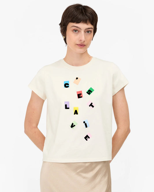 Clare V Classic Tee, Cream w/ Multi C'est La Vie