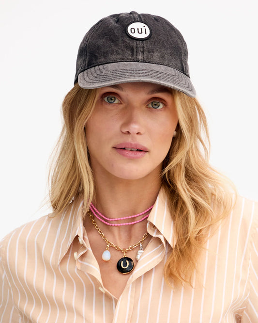 Clare V Baseball Hat, Faded Black Denim w/ Cream Oui Patch