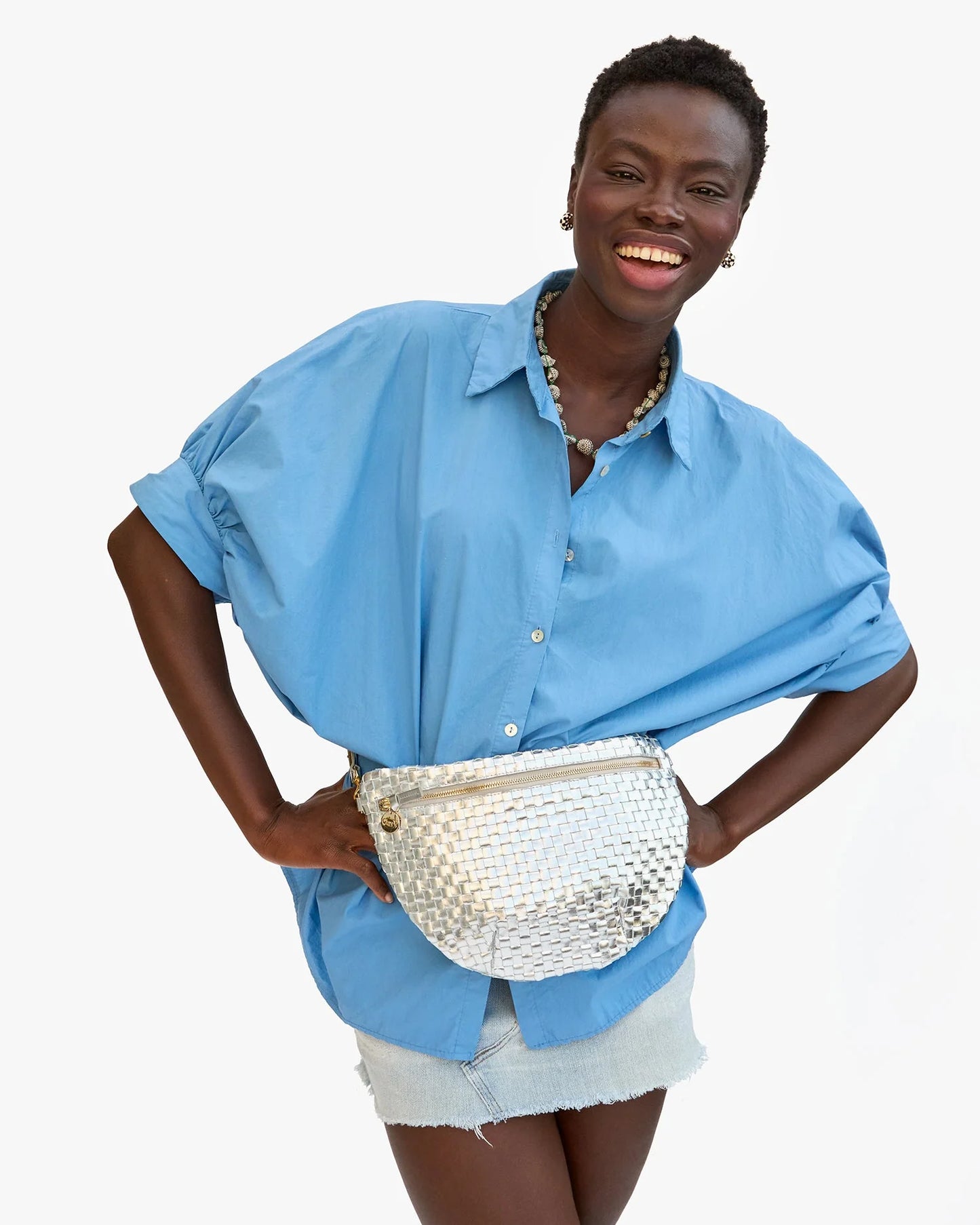 Clare V Grande Fanny, Silver Specchio Woven Checker