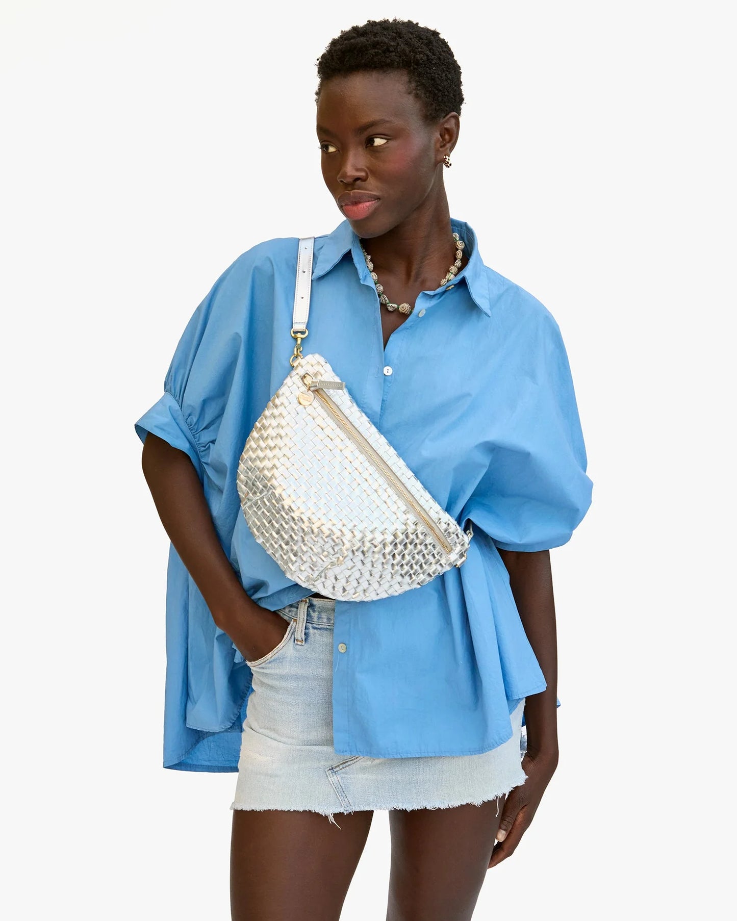 Clare V Grande Fanny, Silver Specchio Woven Checker
