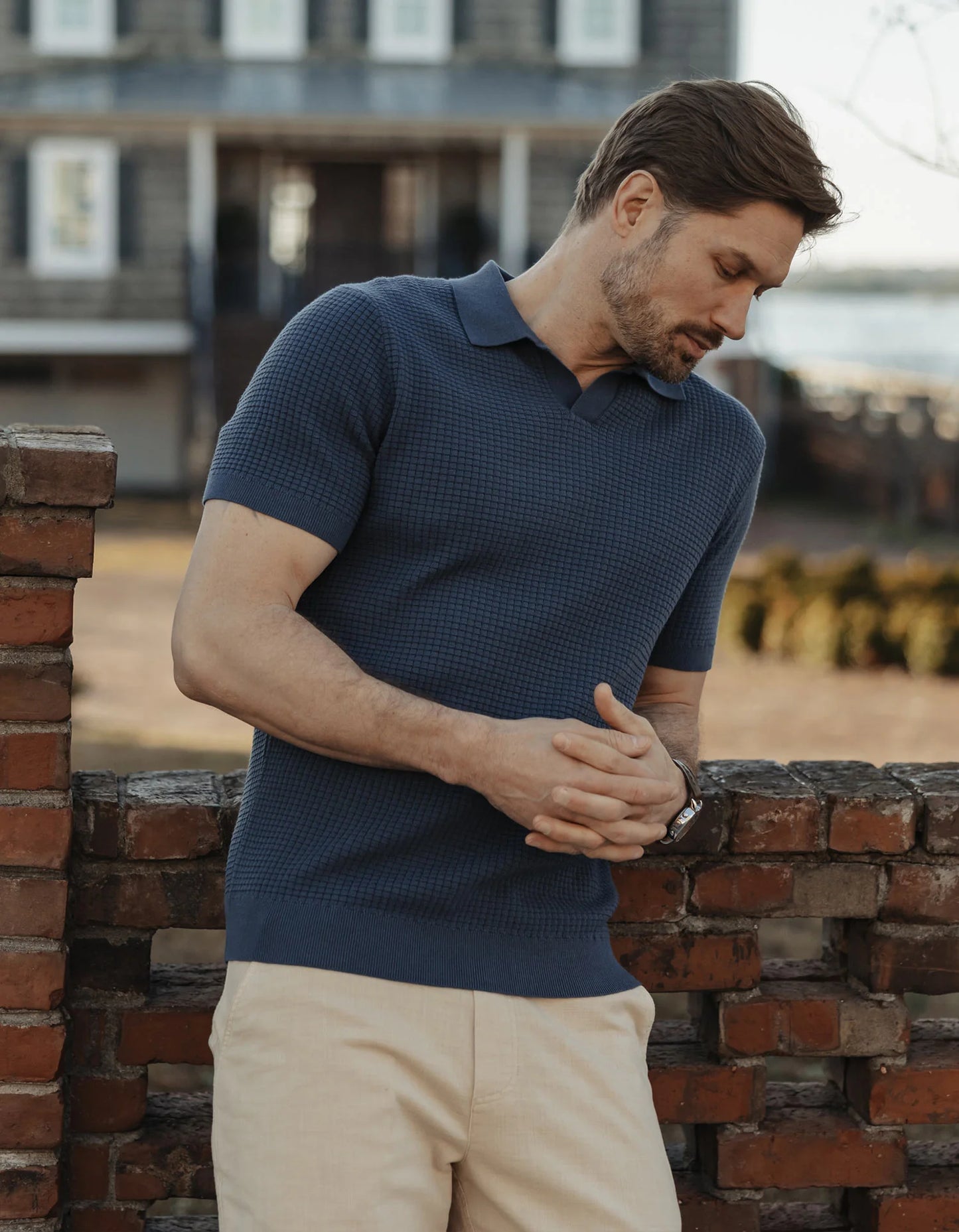 The Normal Brand Men's Waffle Stitch Polo, Vintage Blue
