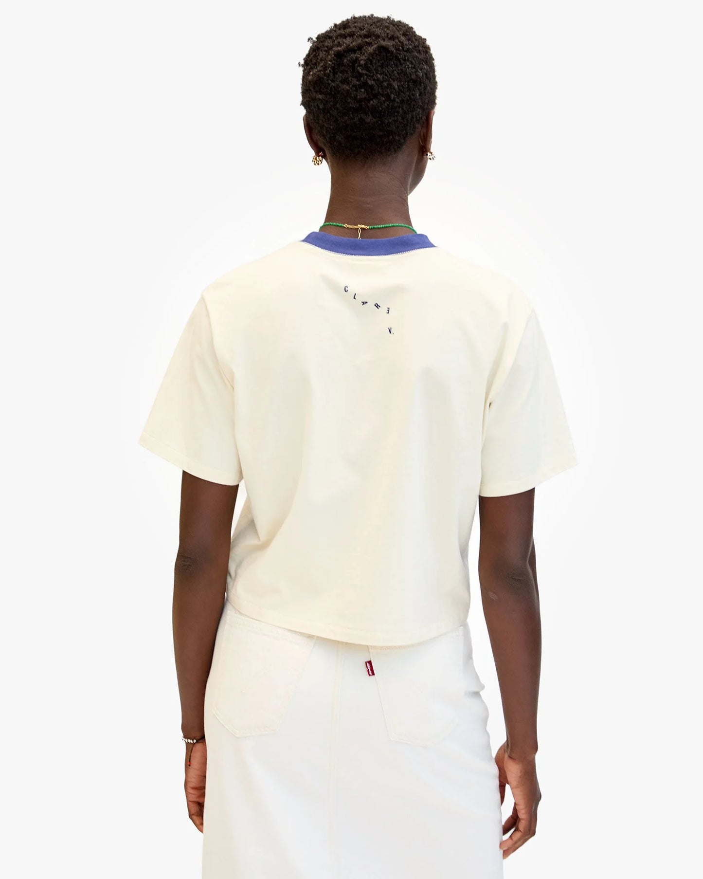 Clare V Le Carré Tee, Cream w/ Navy Block Ciao