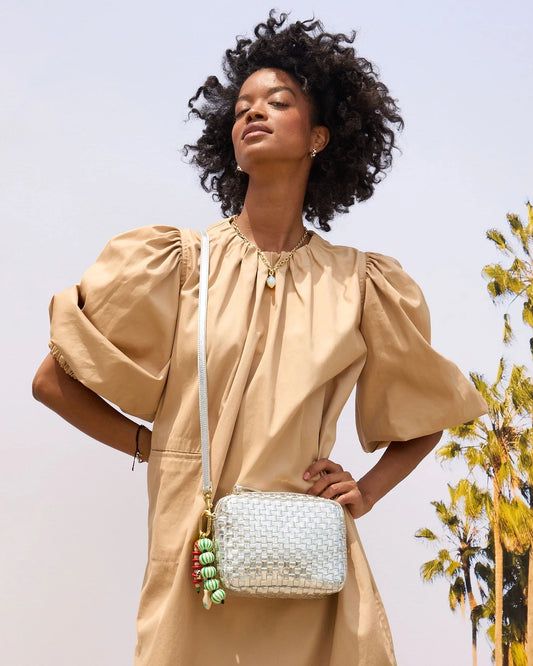 Clare V Midi Sac, Silver Specchio Woven Checker