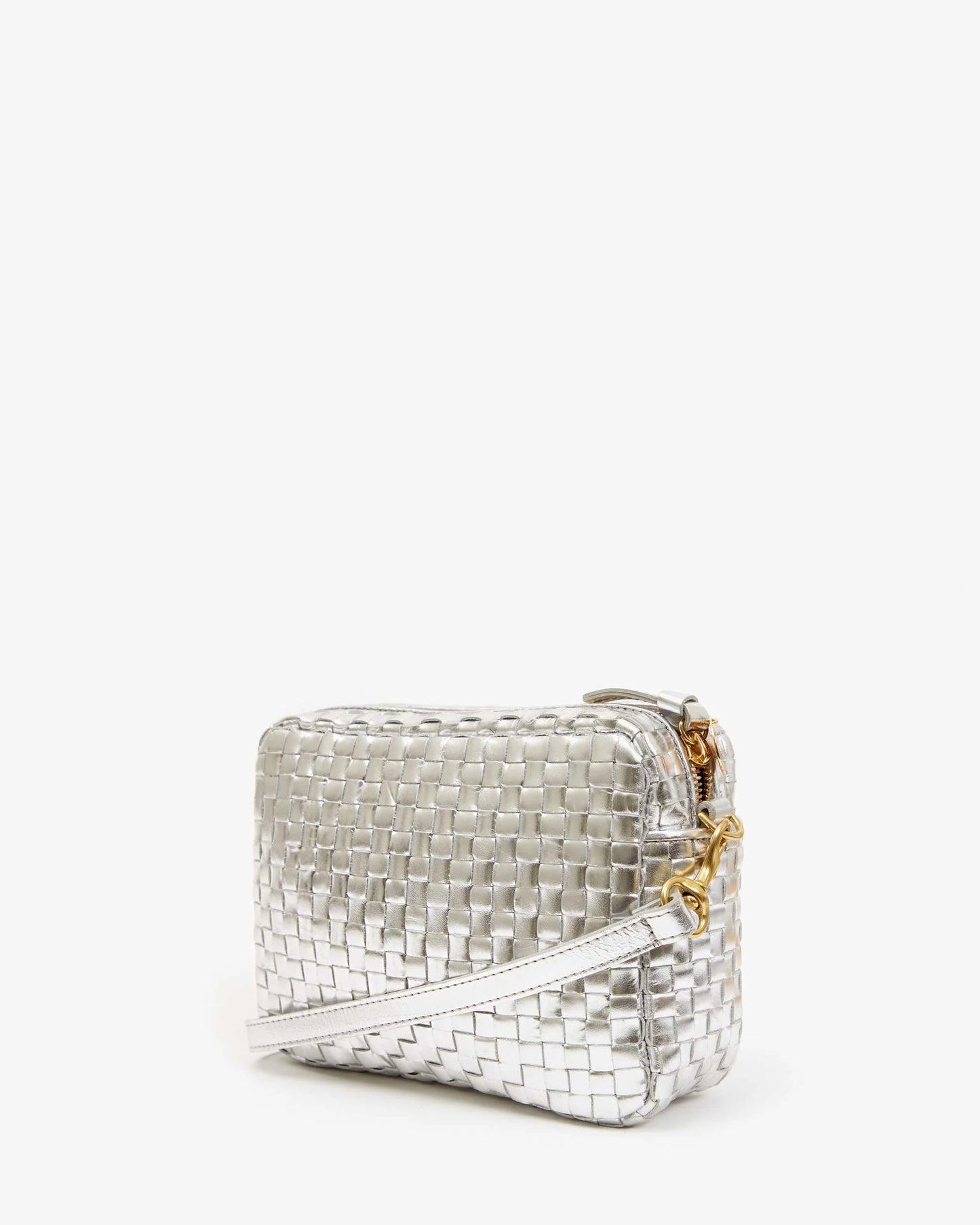 Clare V Midi Sac, Silver Specchio Woven Checker