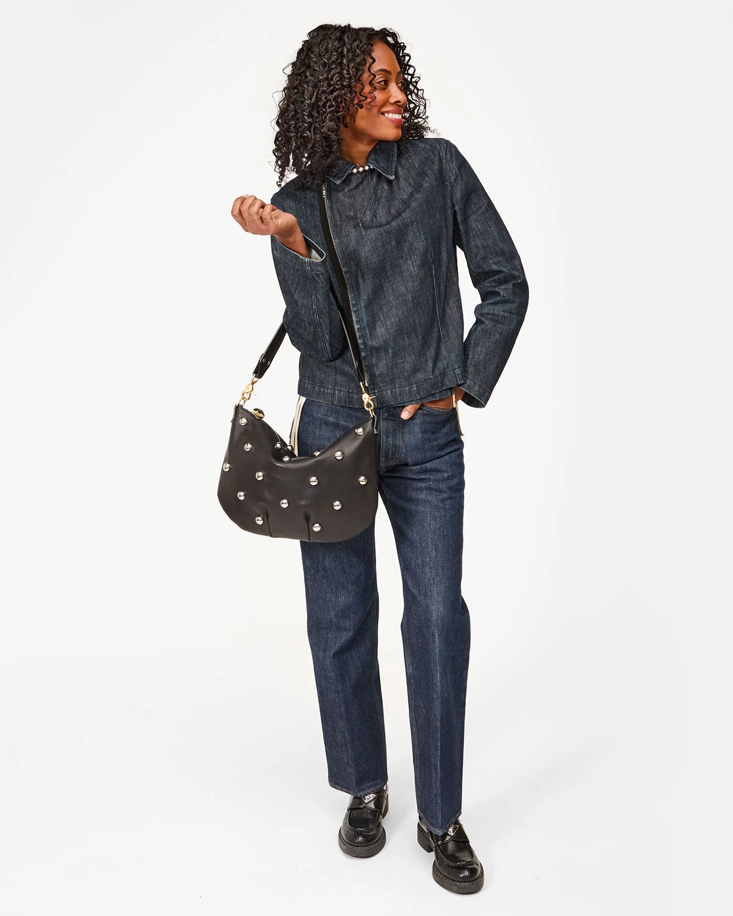 Clare V Moyen Messenger, Black w/ Studs