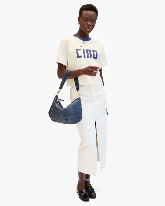 Clare V Moyen Messenger, Bleu Marine Woven Checker