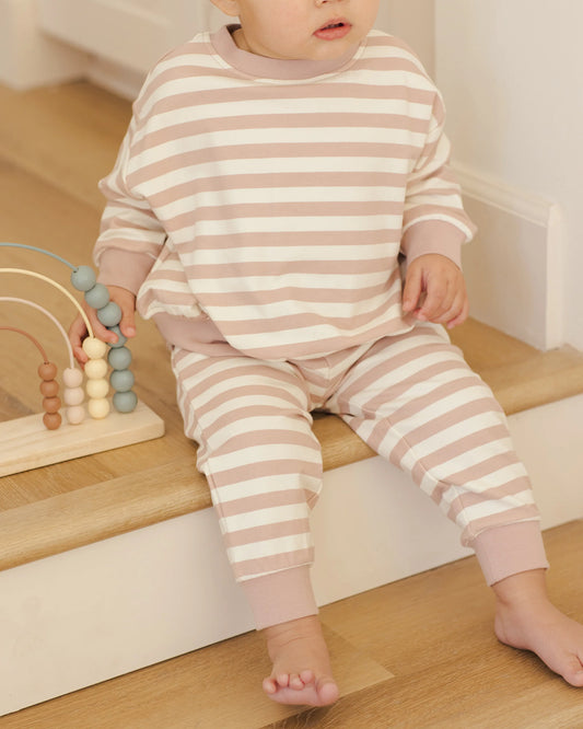 Quincy Mae Relaxed Sweatshirt + Relaxed Sweatpant, Pink Stripe