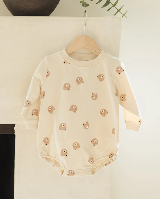 Quincy Mae Crewneck Bubble Romper, Brown Bear
