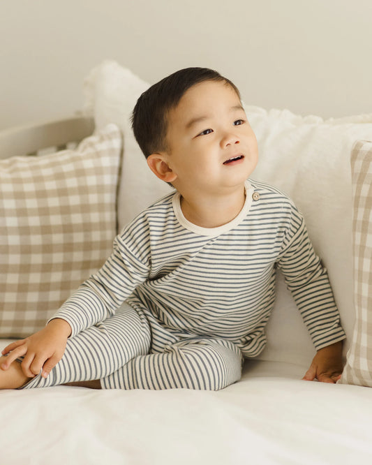 Quincy Mae Long Sleeve Tee + Drawstring Pant, Ocean Micro Stripe