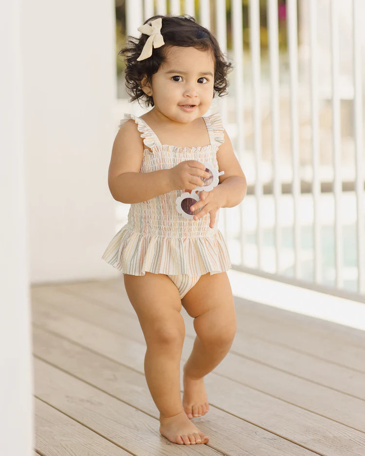 Quincy Mae Smocked One-Piece Swimsuit, Multi Stripe