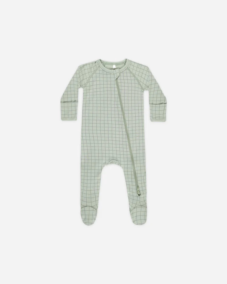 Quincy Mae Bamboo Zip Footie, Sage Grid