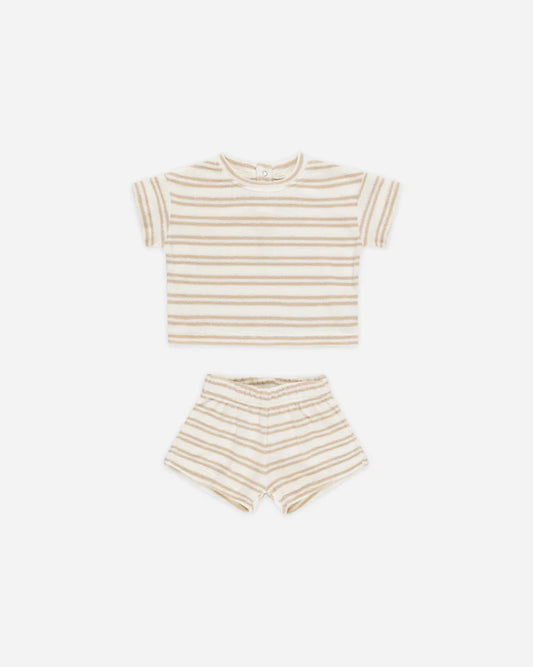 Quincy Mae Terry Tee + Short Set, Oat Stripe