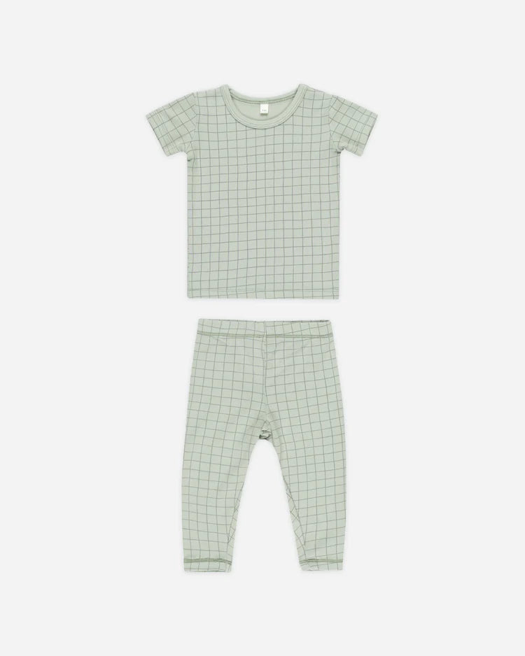 Quincy Mae Bamboo Short Sleeve Pajama Set, Sage Grid