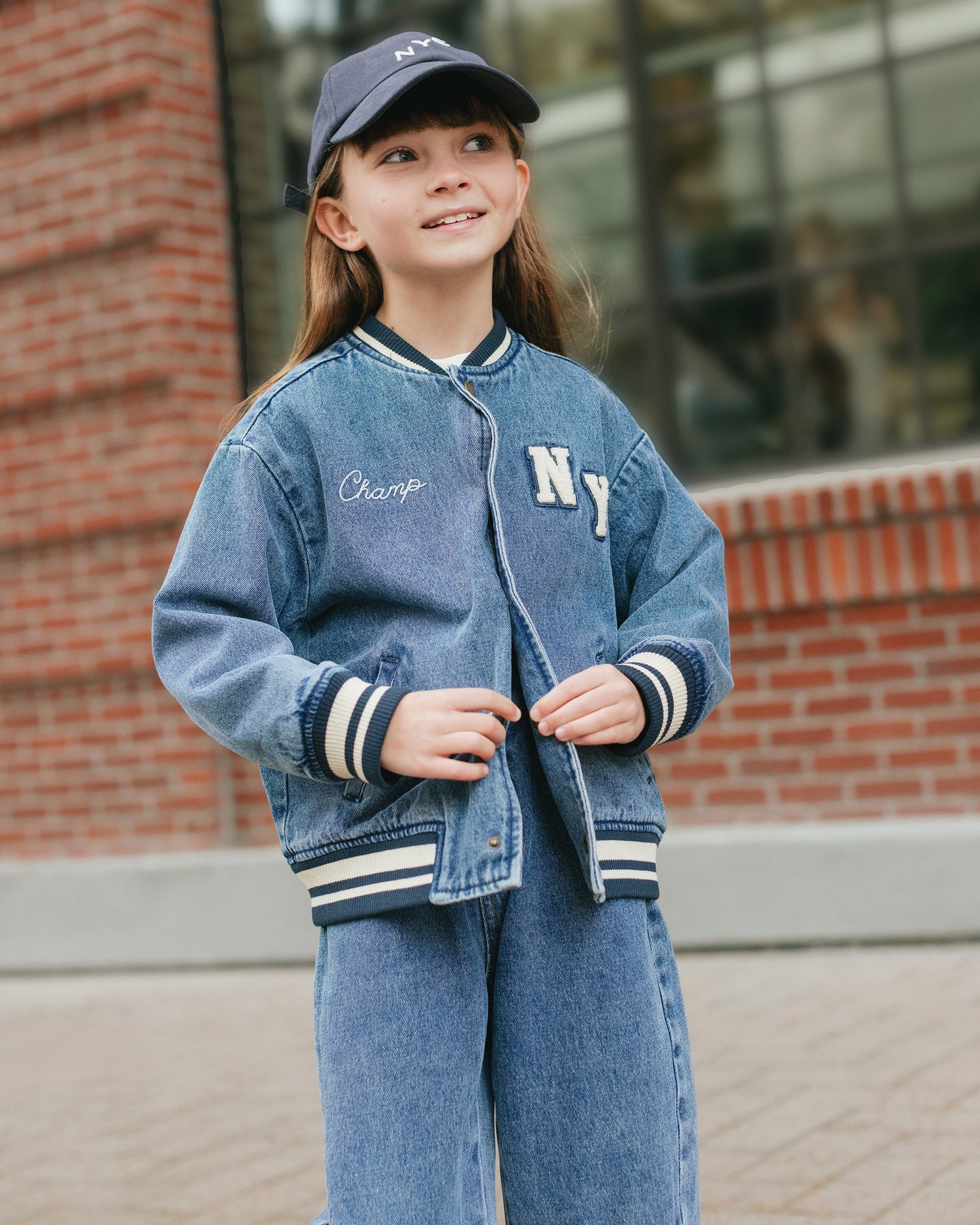 Rylee + Cru Varsity Jacket, Indigo Denim