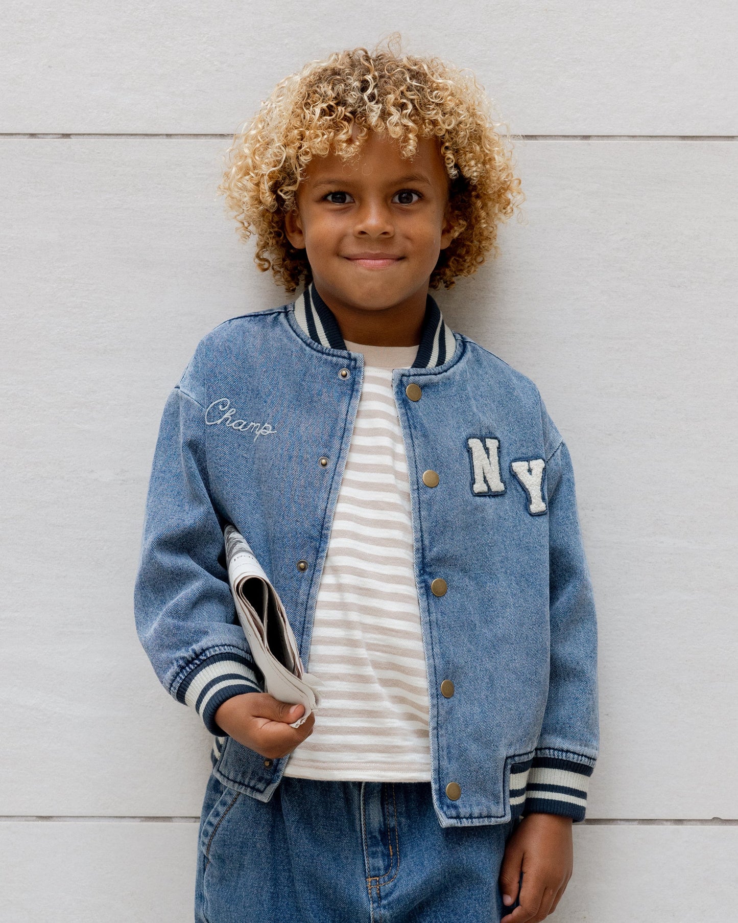 Rylee + Cru Varsity Jacket, Indigo Denim