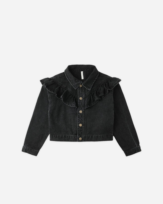 Rylee + Cru Ruffle Denim Jacket, Washed Black