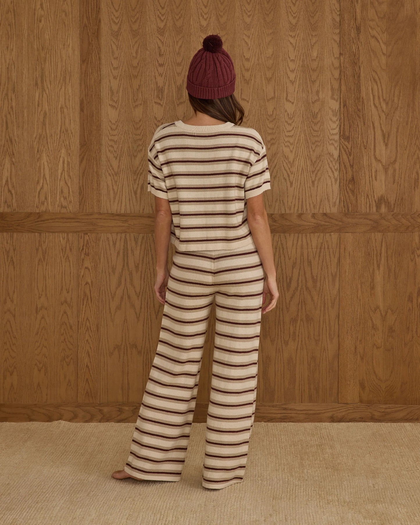 Rylee + Cru Women's Boxy Crop Knit Tee + Knit Wide Leg Pant, Burgundy Stripe