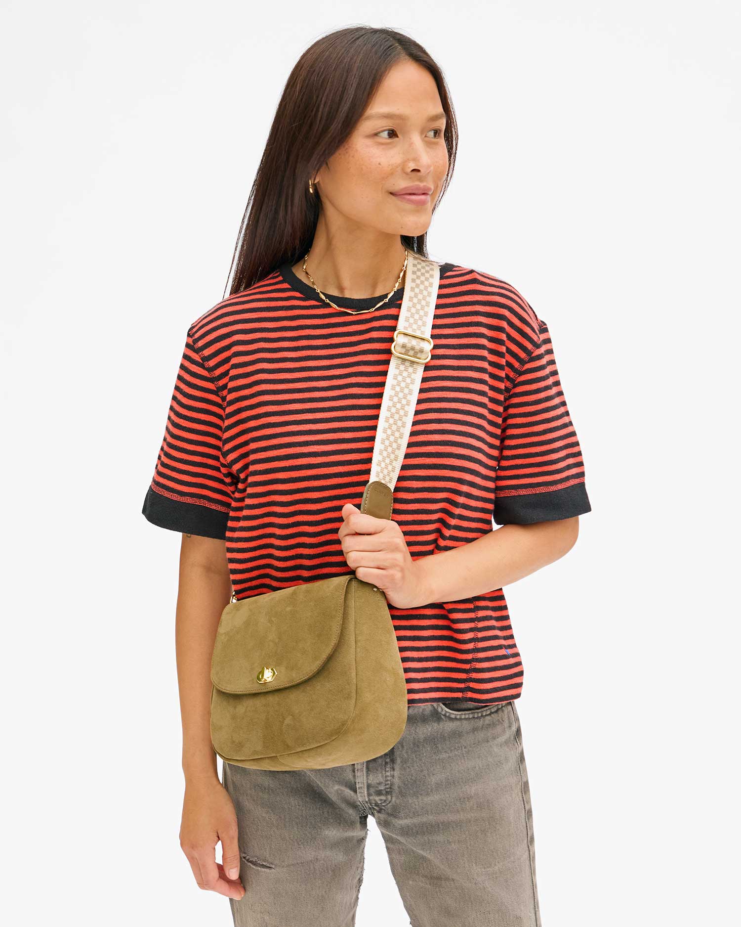 Clare V Adjustable Crossbody Strap Cream Khaki Checker