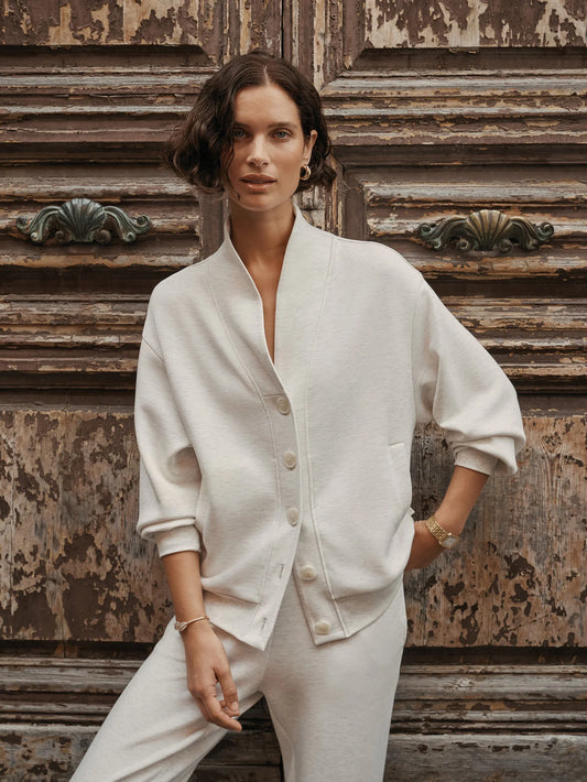 Varley Celeste Button Through Sweat, Ivory Marl