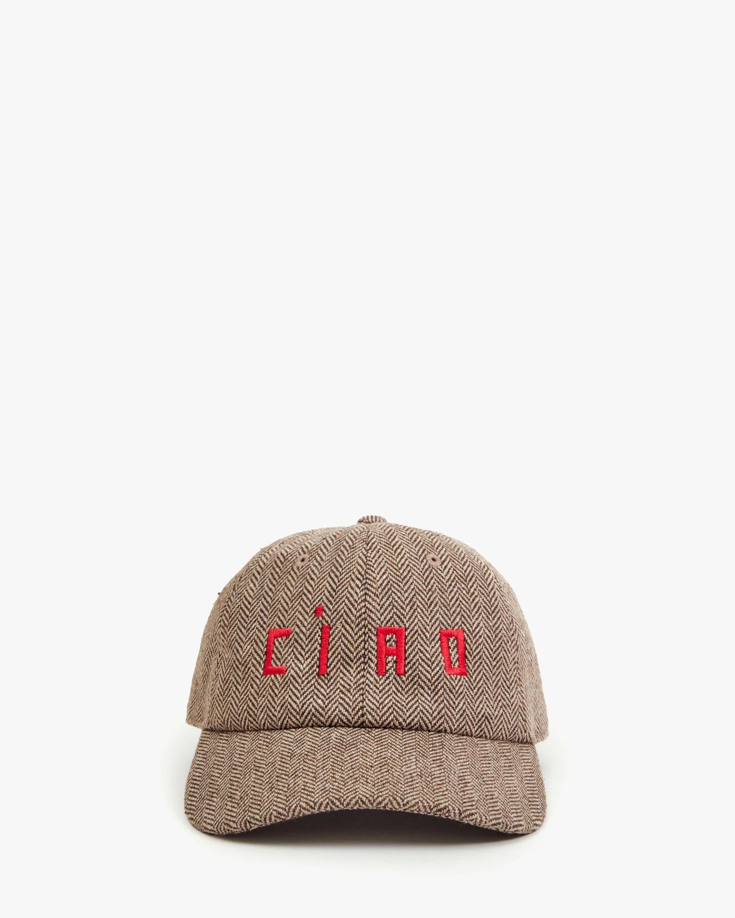 Clare V Wool Baseball Hat, Taupe w/ Super Red Embroidered Ciao