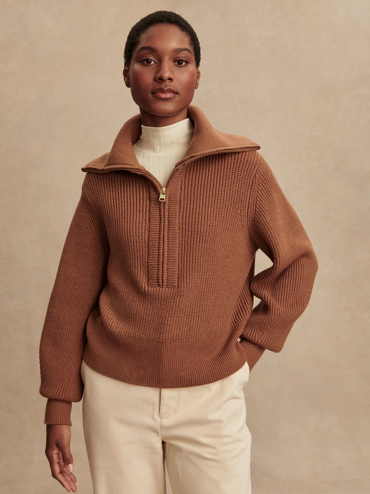 Varley Maura Half Zip Rib Knit, Caramel Pecan