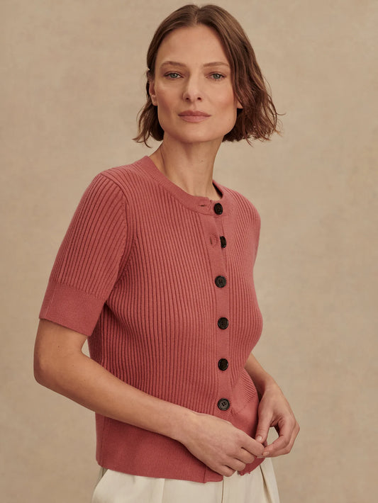 Varley Micha Short Sleeve Cardigan, Mauvewood