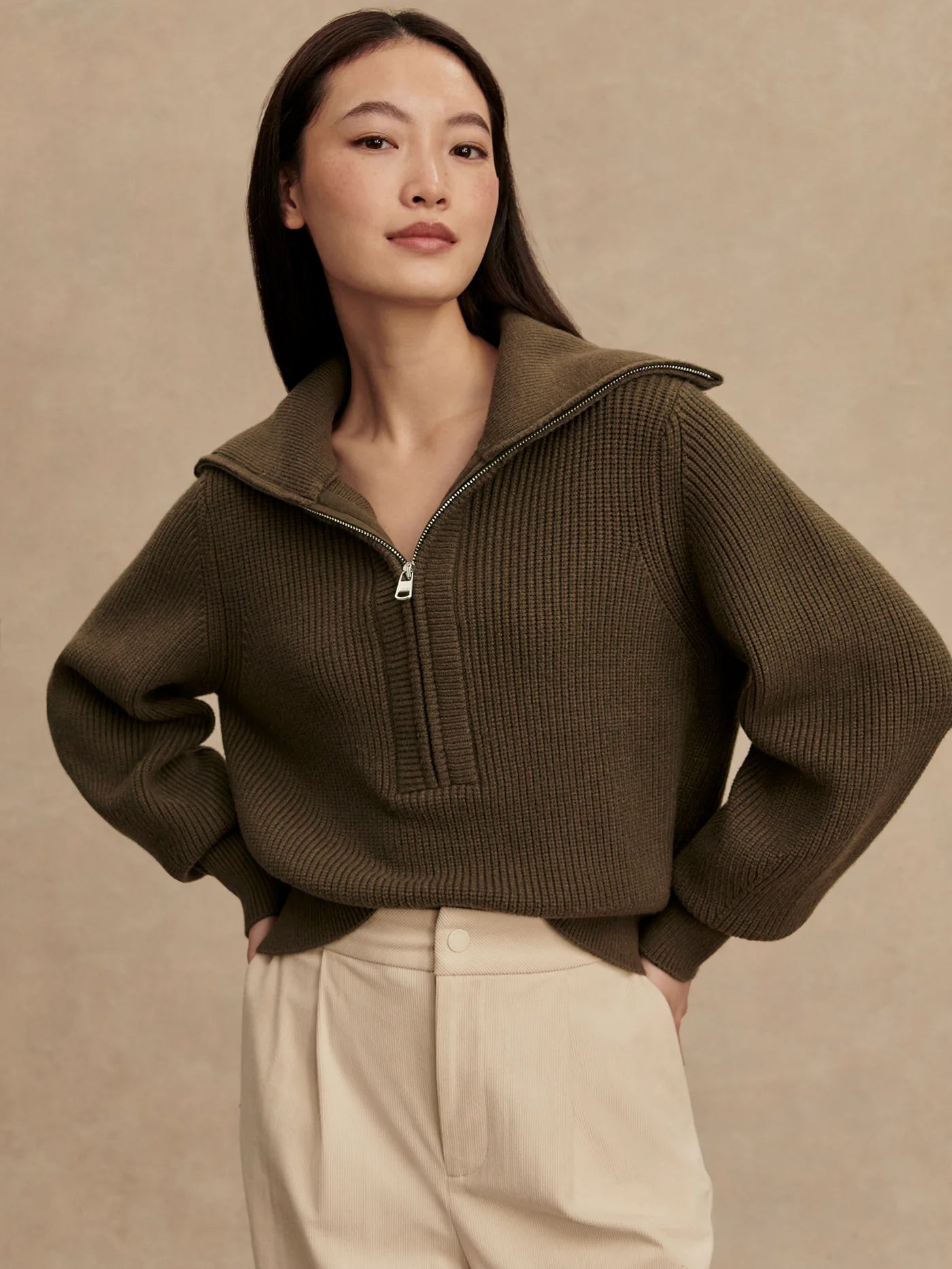 Varley Maura Half Zip Rib Knit, Olive Night