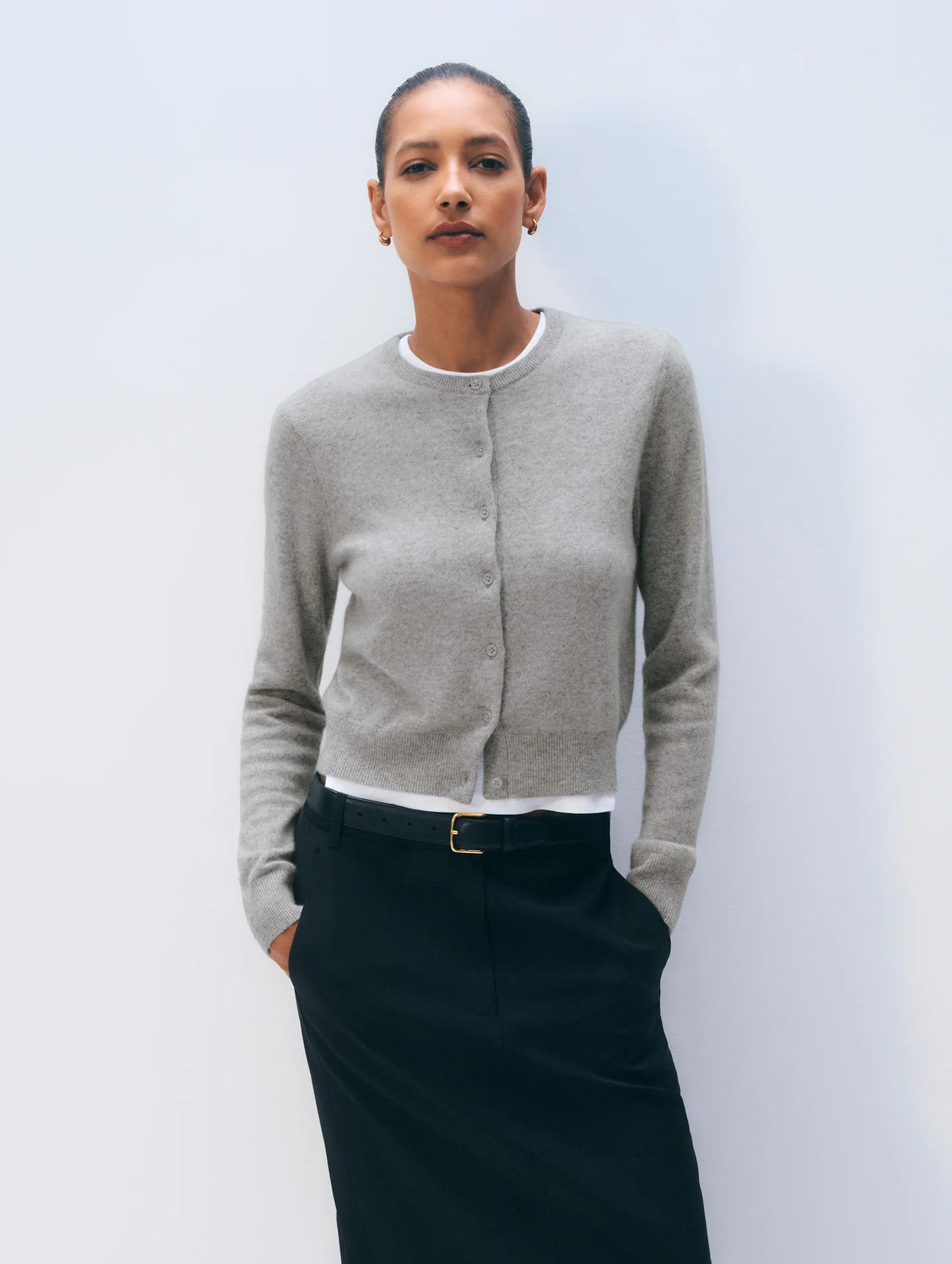 White & Warren Cashmere Crewneck Cardigan, Grey Heather