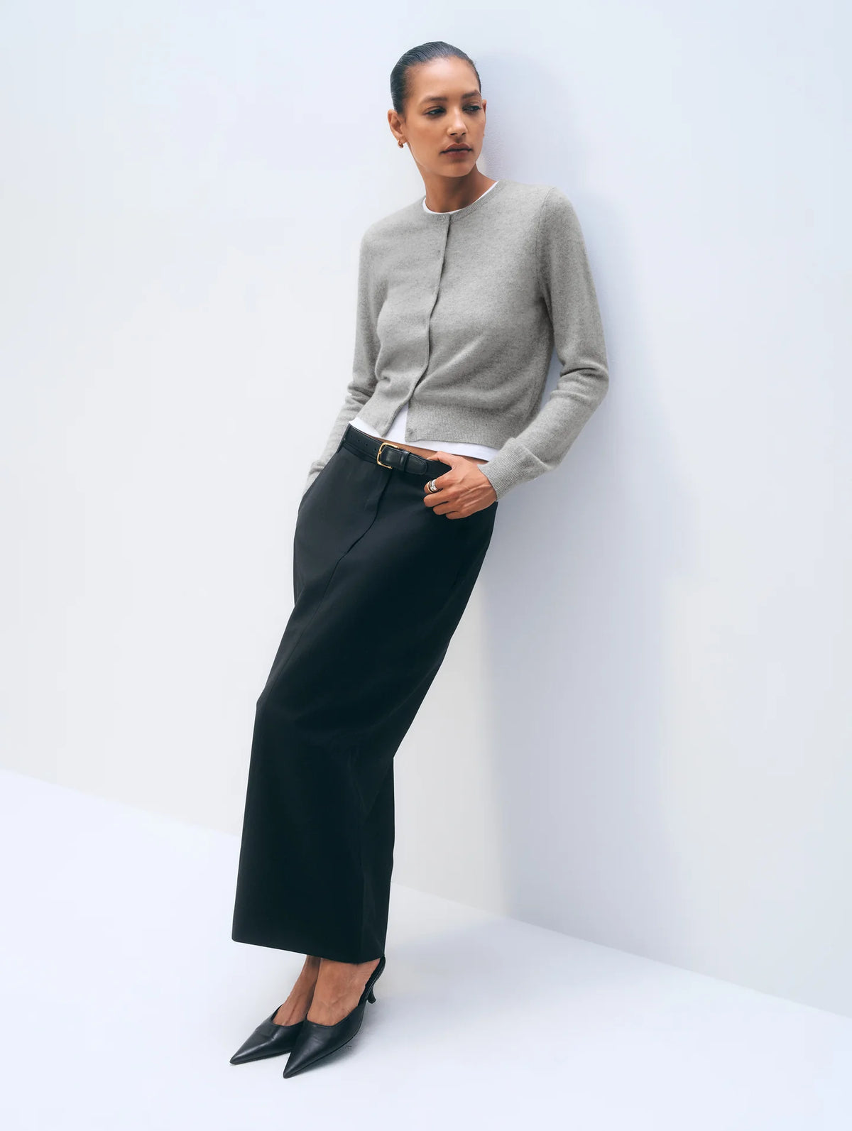 White & Warren Cashmere Crewneck Cardigan, Grey Heather