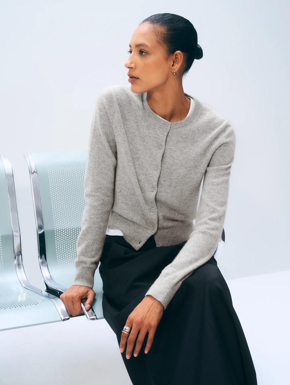 White & Warren Cashmere Crewneck Cardigan, Grey Heather