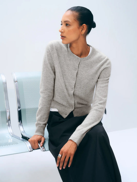 White & Warren Cashmere Crewneck Cardigan, Grey Heather