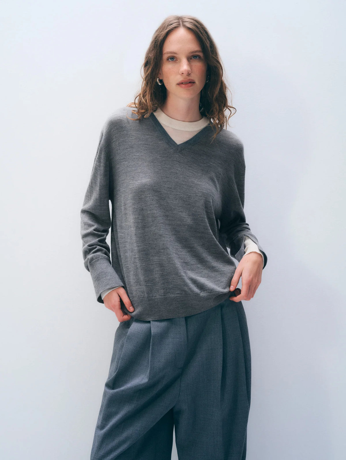 White & Warren Superfine Merino Layered V Neck, Pewter Heather/Ivory Trim