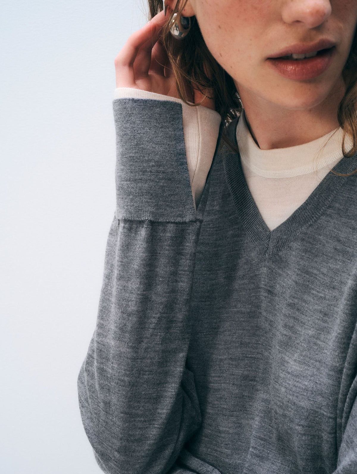 White & Warren Superfine Merino Layered V Neck, Pewter Heather/Ivory Trim