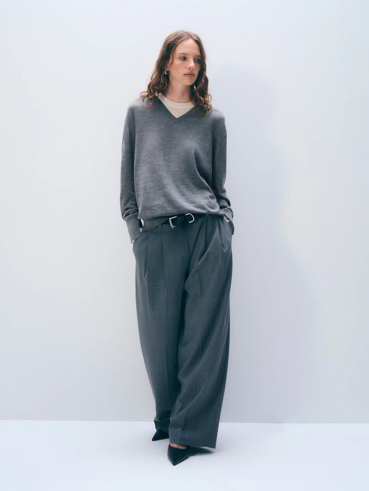White & Warren Superfine Merino Layered V Neck, Pewter Heather/Ivory Trim