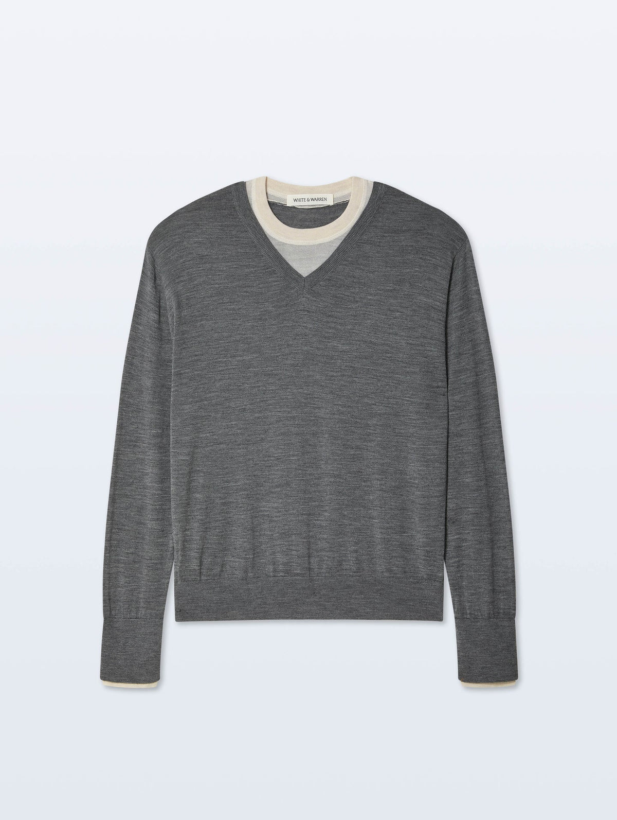 White & Warren Superfine Merino Layered V Neck, Pewter Heather/Ivory Trim