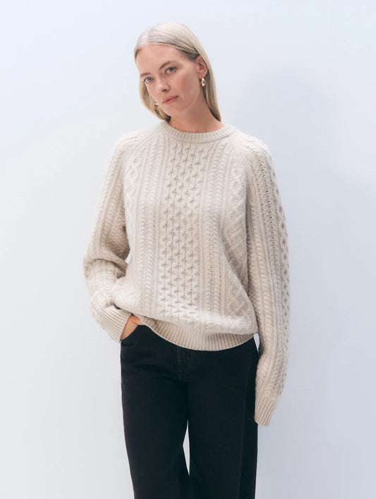 White & Warren Cashmere Cable Crewneck, Natural Heather
