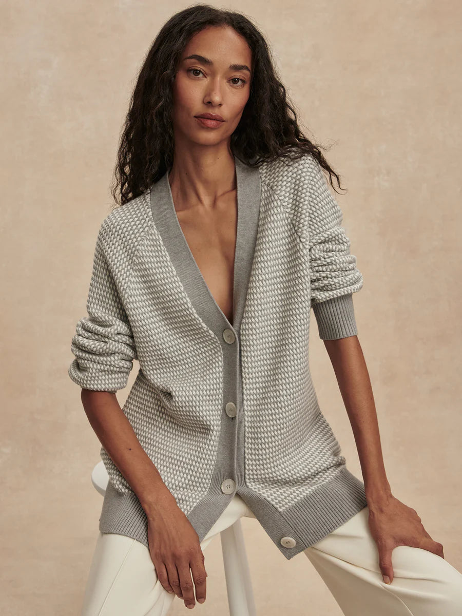 Varley Ryder Knit Cardigan, Grey Melange/ White