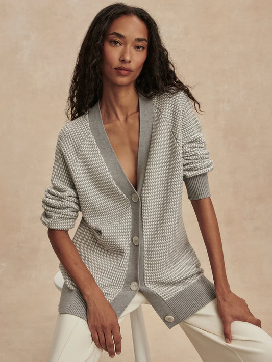 Varley Ryder Knit Cardigan, Grey Melange/ White