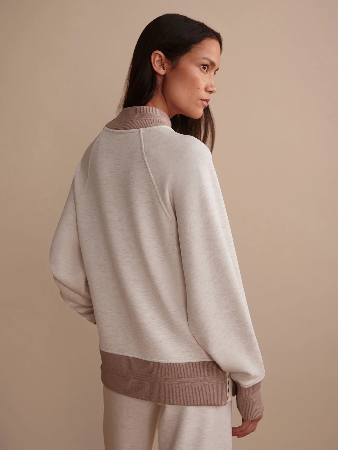 Varley Loxley Raglan Boyfriend Sweat, Ivory Marl/Taupe Marl