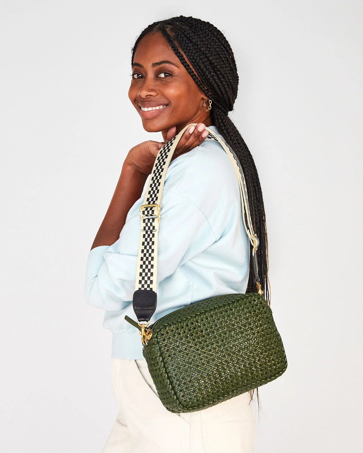 Clare V Adjustable Crossbody Strap, Black & Cream Checker