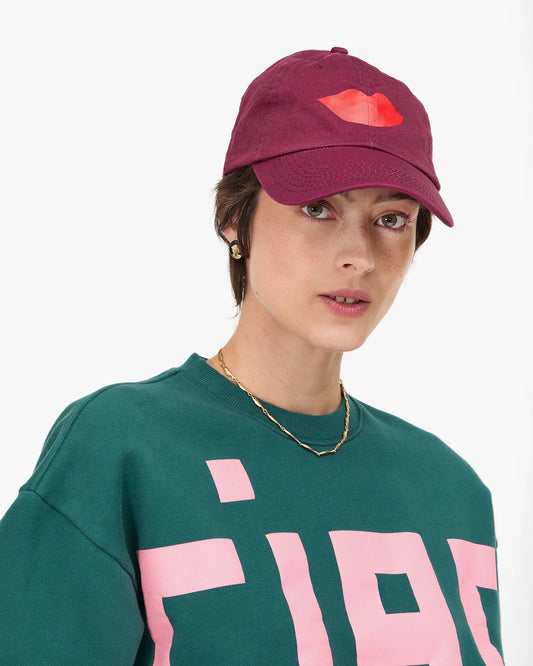 Clare V Baseball Hat, Oxblood w/ Lips