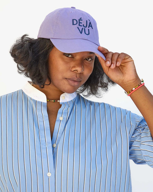 Clare V Baseball Hat, Lilac w/ Navy Embroidered Déjà Vu