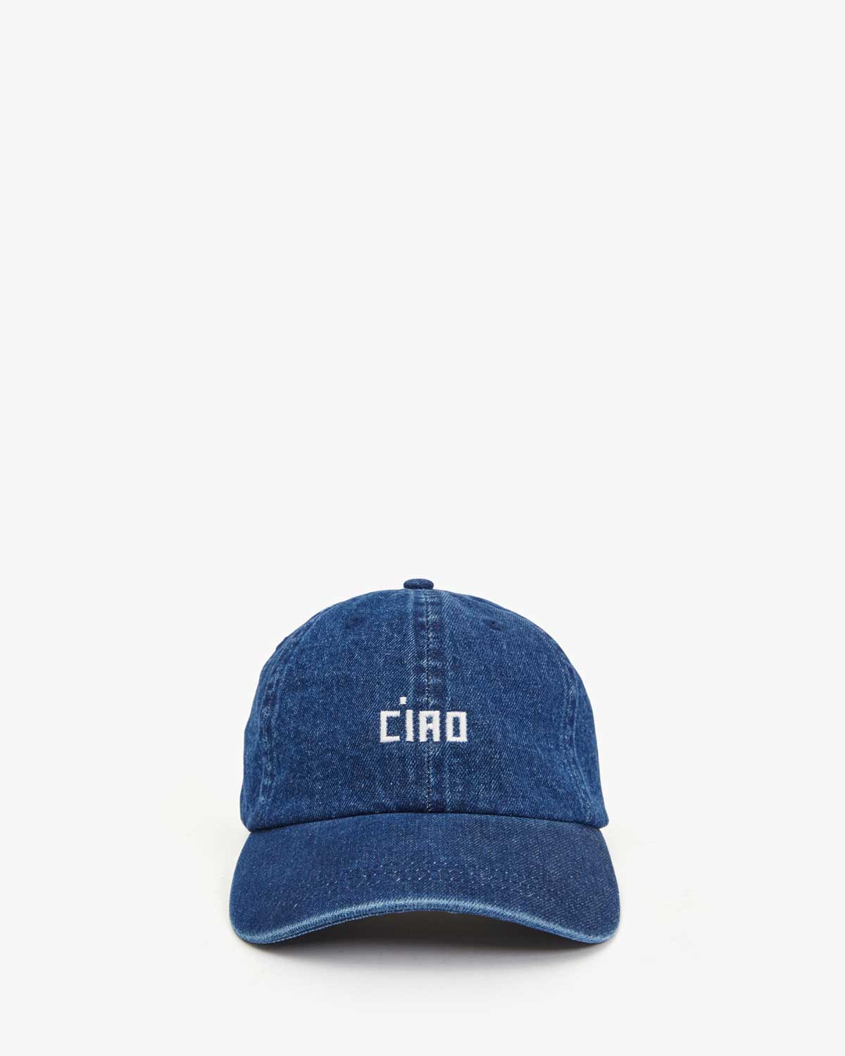 Clare V Baseball Hat, Navy Denim w/ Embroidered Cream Ciao