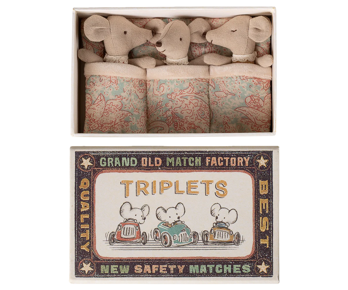 Maileg Triplets, Baby Mice in Matchbox, Checker
