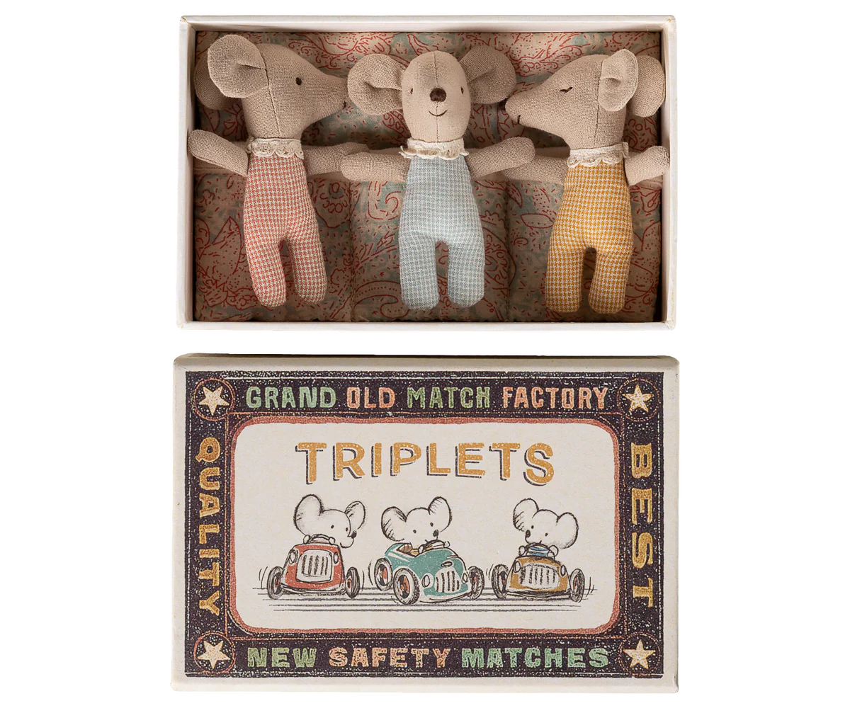 Maileg Triplets, Baby Mice in Matchbox, Checker