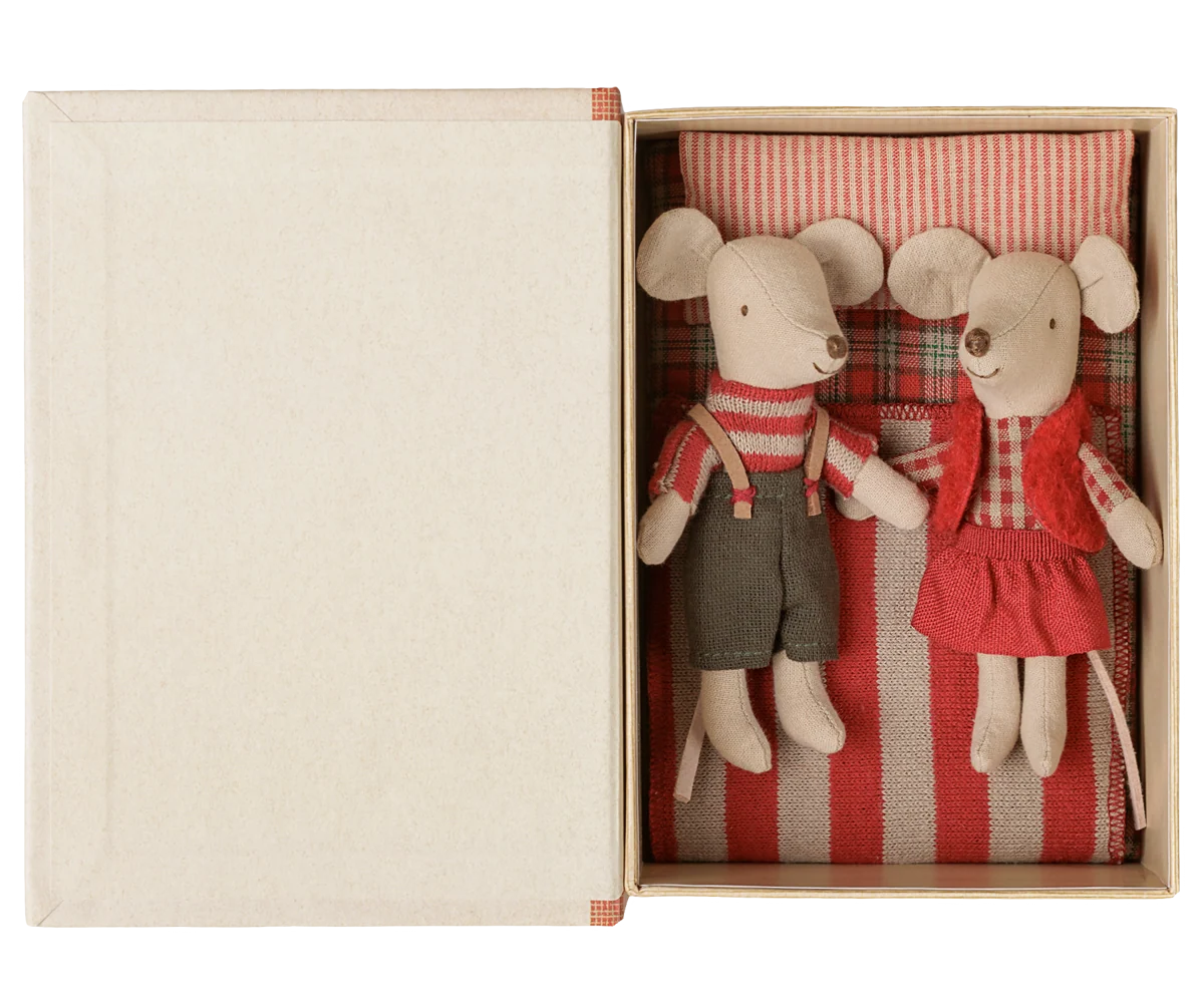Maileg Christmas Twin Mice, Little Sister & Brother in Book